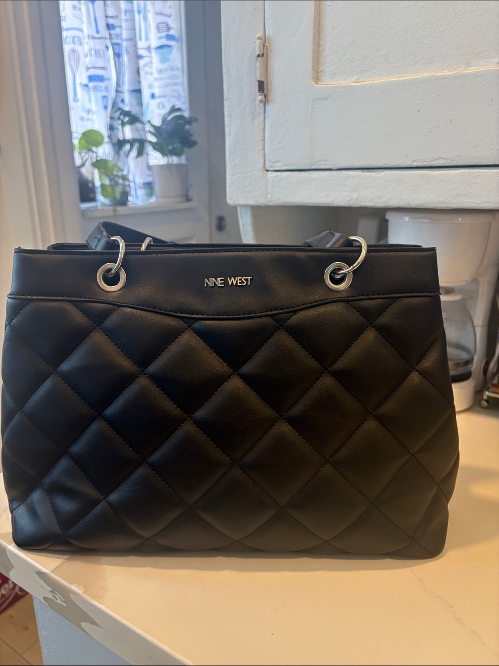 Nine West Black Quilted Satchel with Silver Hardware